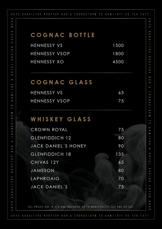 Sky 5 nightclub Dubai spirits alcohol gin rum whisky vodka tequila cognac