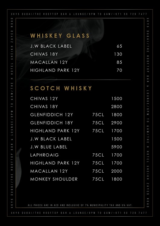 Sky 5 nightclub Dubai bottle menu price beverages cocktails 