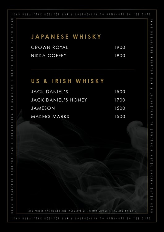 Sky 5 nightclub Dubai alcoholic drinks menu prices beers wines
