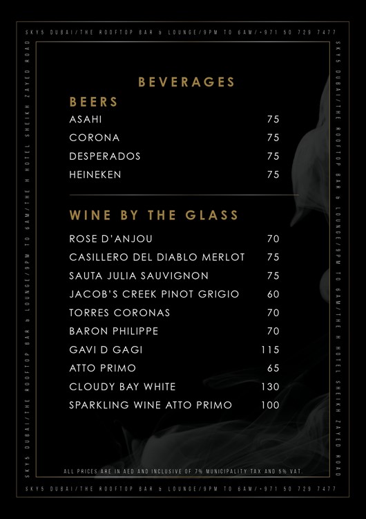 Sky 5 nightclub Dubai bottle menu