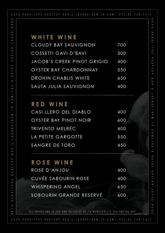 Sky 5 nightclub Dubai bottle menu