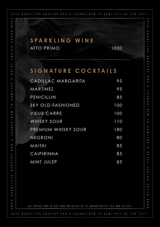 Sky 5 nightclub Dubai bottle menu