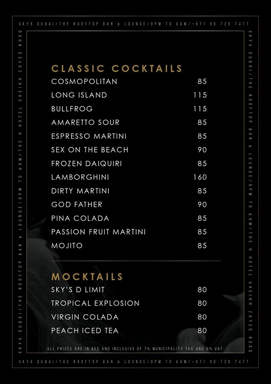 Sky 5 nightclub Dubai bottle menu