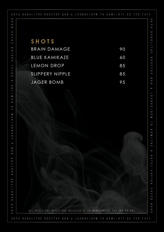 Sky 5 nightclub Dubai drinks  menu
