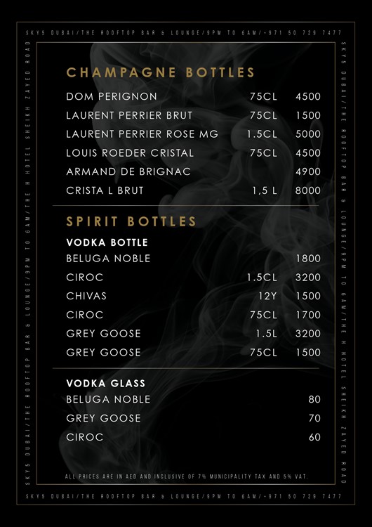 Sky 5 nightclub Dubai bottle menu 