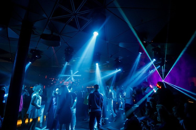 SkyBar nightclub Kiev lights show people dancing having fun partying dancing drinking