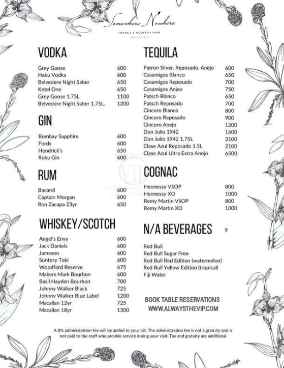 Somewhere Nowhere nightclub NYC bottle menu alcohol bottles pricing 