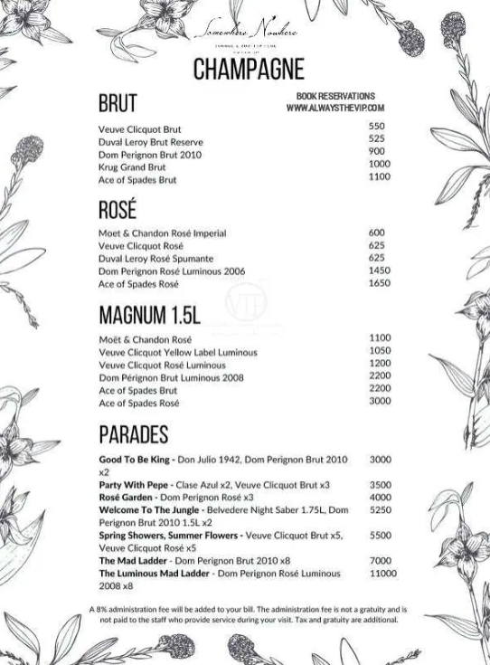 Somewhere Nowhere nightclub NYC bottle menu vodka rum gin bubbles whisky drinks pricing 