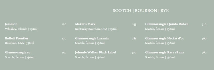 Soubois nightclub bottle menu Montreal best alcohol bottles vodka rum gin cognac whisky mixers beverages reserve 