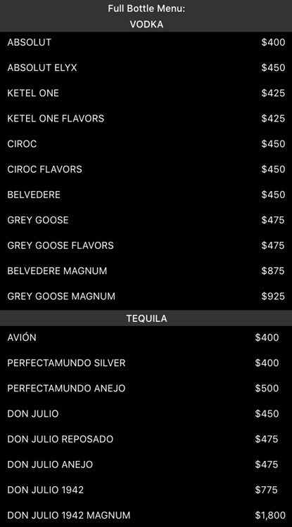 Sound nightclub Los Angeles menu vodka rum gin prices bottles