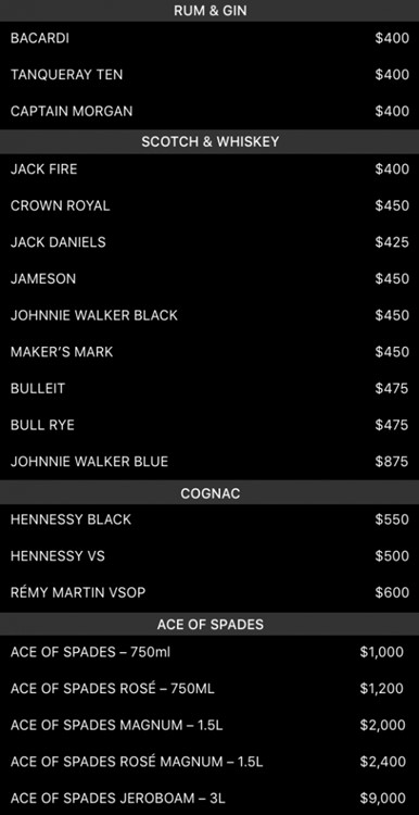 Sound nightclub Los Angeles menu prices per bottle reservation cognac gin rum whisky