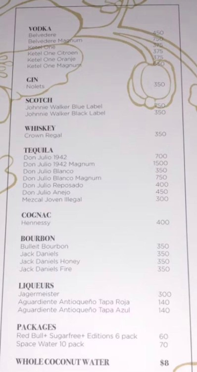 Space Miami nightclub bottles menu whisky rum gin cognac tequila bubbles mixers sodas