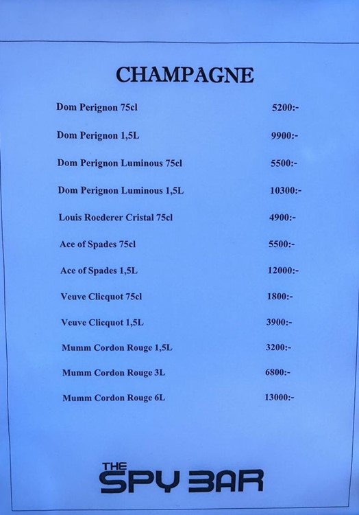 Spy Bar nightclub Stockholm bottle menu pricing bottles alcohol packages