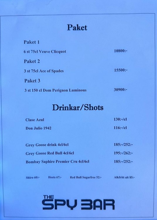 Spy Bar nightclub Stockholm vodka rum gin cognac whisky champagne pricing list 