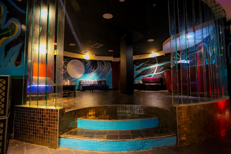 Stadium nightclub Toronto view of the upper lounge area blue black abstract artistic interior design