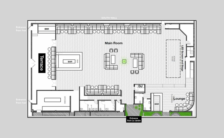 Sunset Room venue Los Angeles map floor plan sitting areas dance floor bar terrace dj booth