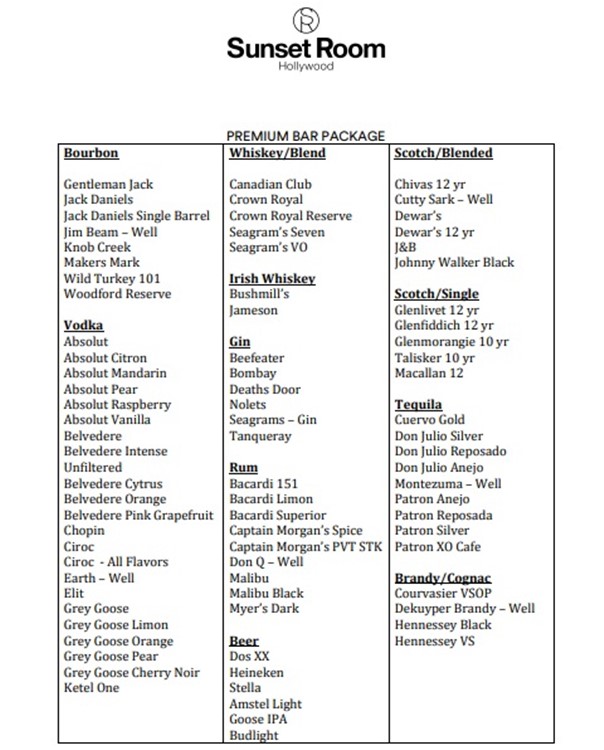 Sunset Room Los Angeles nightclub bottle menu service vodka rum gin cognac scotch tequila bubbles champagne packages book vip table