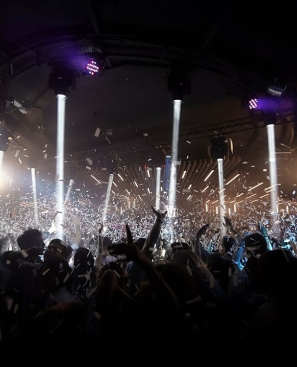 Sutton nightclub Barcelona crowd jumping and dancing confetti special lights