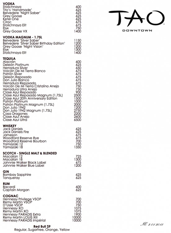 Tao New York NYC club bubbles champagne alcohol bottles prices service