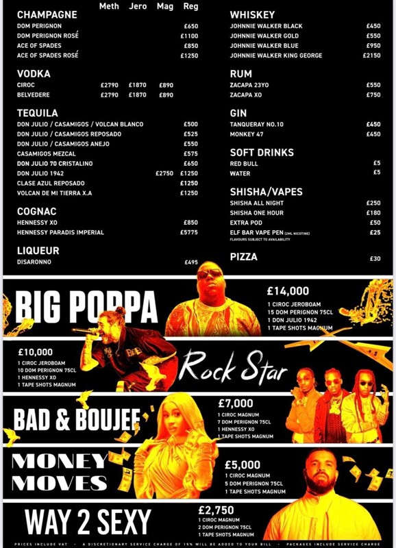 Tape nightclub London bottle menu champagne vodka rum gin cognac whisky packages 