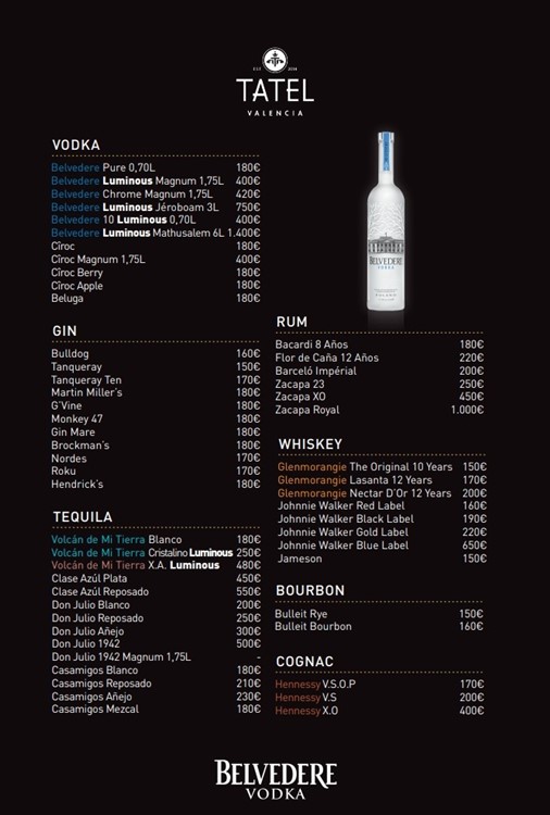 Tatel, packages, pricing, menu, drinks, alcohol, vodka, rum, gin, cognac, whisky