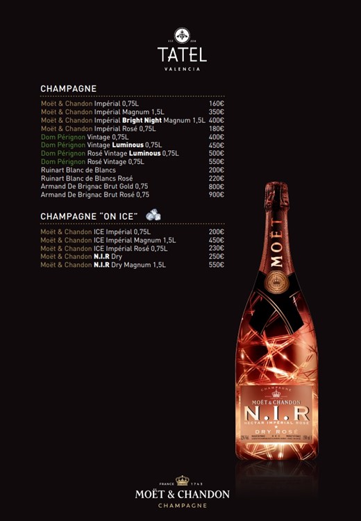 Tatel, bottle menu, champagne, bubbles, alcohol