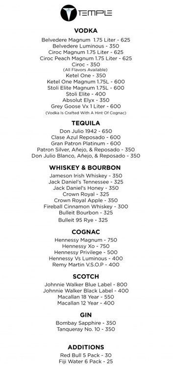 Temple nightclub San Francisco bottle menu champagne vodka rum gin cognac whisky alcohol bottles prices