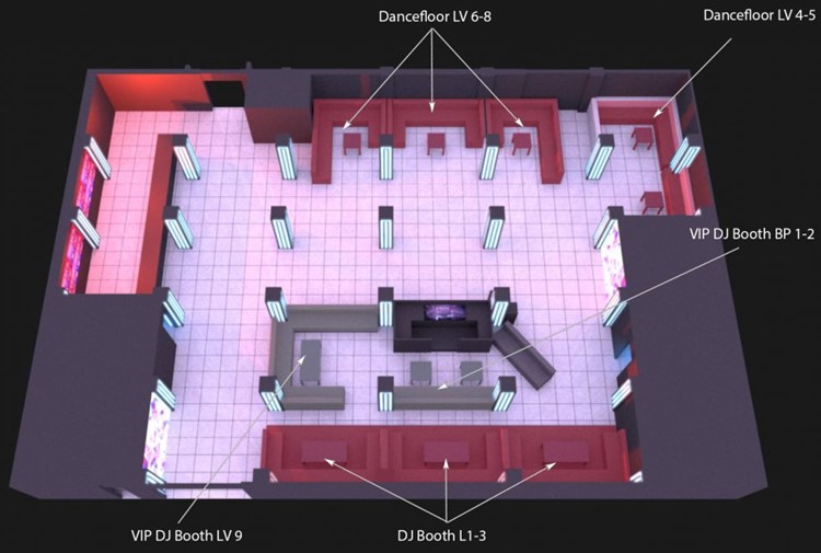 Temple nightclub San Francisco floor map second plan dance floor dj booth 