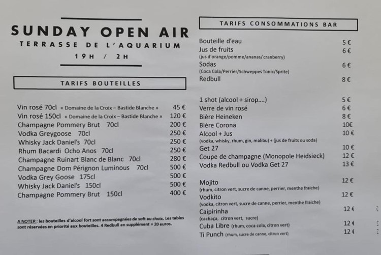 Terrace de L'Aquarium Paris nightclub menu prices food drinks alcohol bottles book now