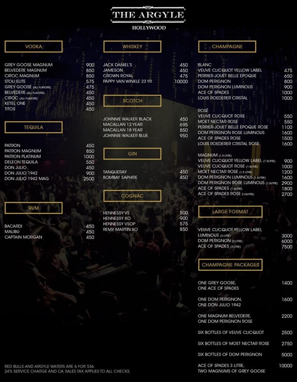 The Argyle nightclub Hollywood LA bottle prices alcohol gin bubbles champagne vodka rum cognac book vip table reserve