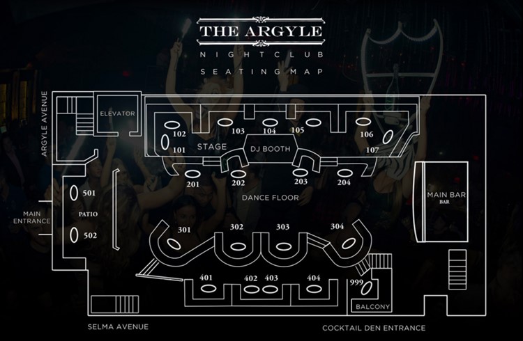 The Argyle nightclub Hollywood map overview plan sitting areas regular vip tables dance floor dj booth 