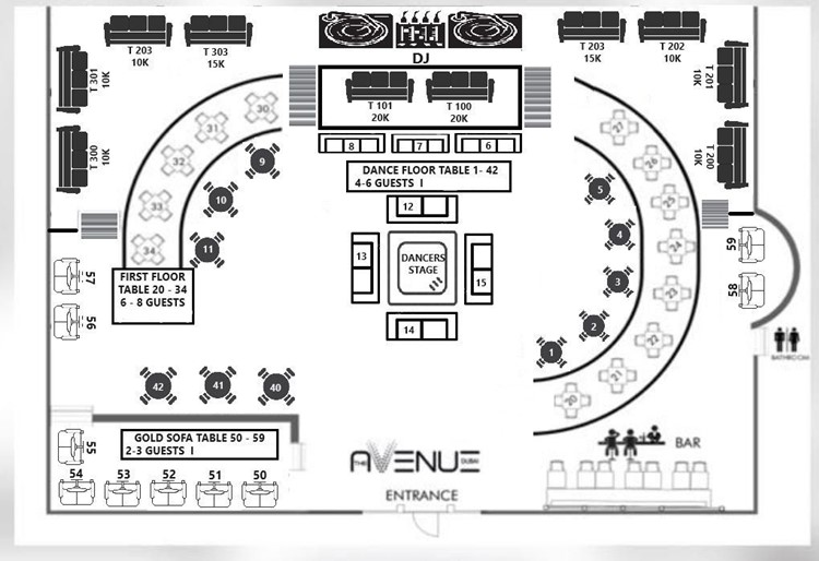The Avenue nightclub Dubai tables map regular dance floor DJ bar 