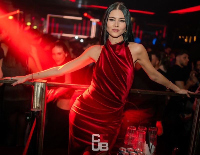 The Club nightclub Milan gorgeous brunette girl in red dress partying
