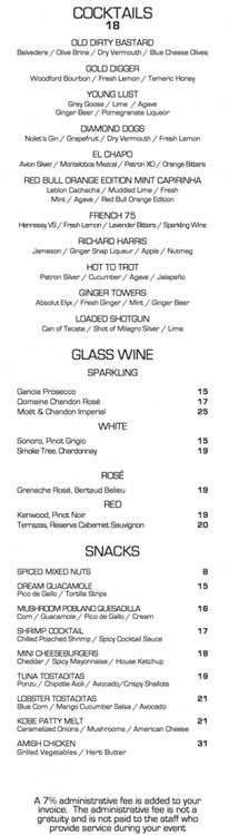 The Electric Room NYC club menu prices cocktails glass wine snacks