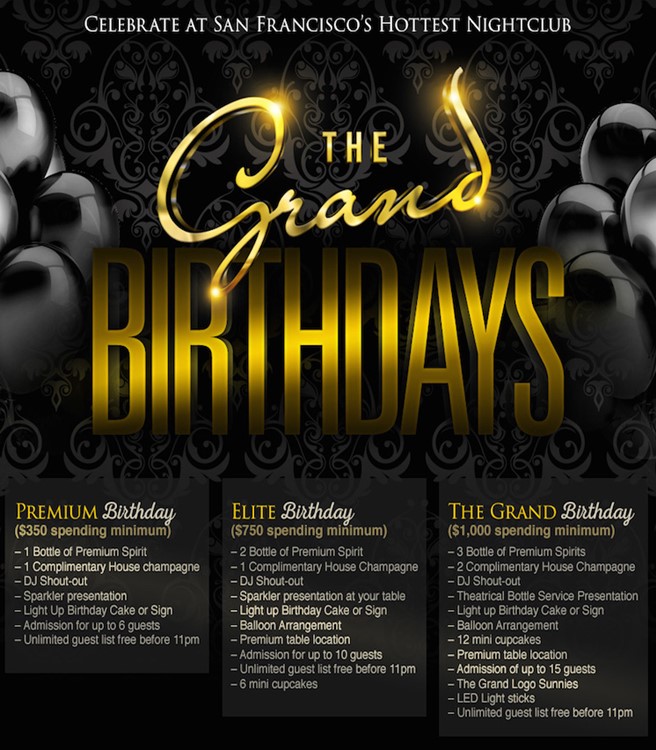 The Grand nightclub San Francisco celebrate birthday bachelor hen parties book reserve table bubbles parade