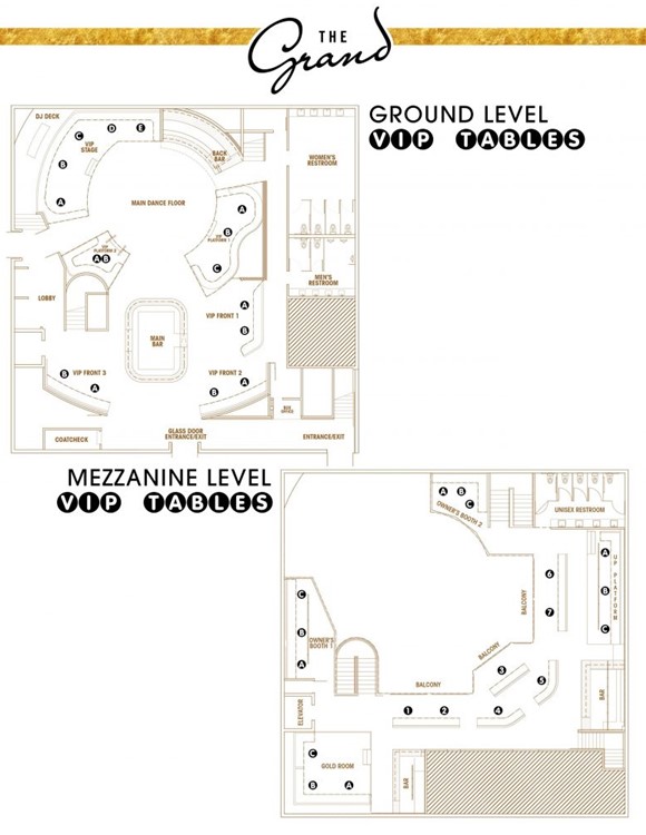 The Grand nightclub San Francisco map floor plan first second levels vip area regular table dj booth lounge