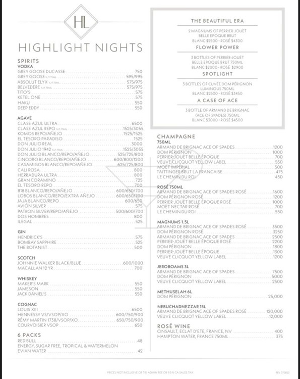 The Highlight Room nightclub LA bottle menu vodka gin whisky cognac champagne bubbles packages pricing