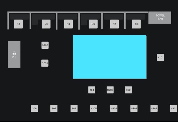 The Highlight Room Pool Party Los Angeles tables map pool area dj cabanas sun beds book now