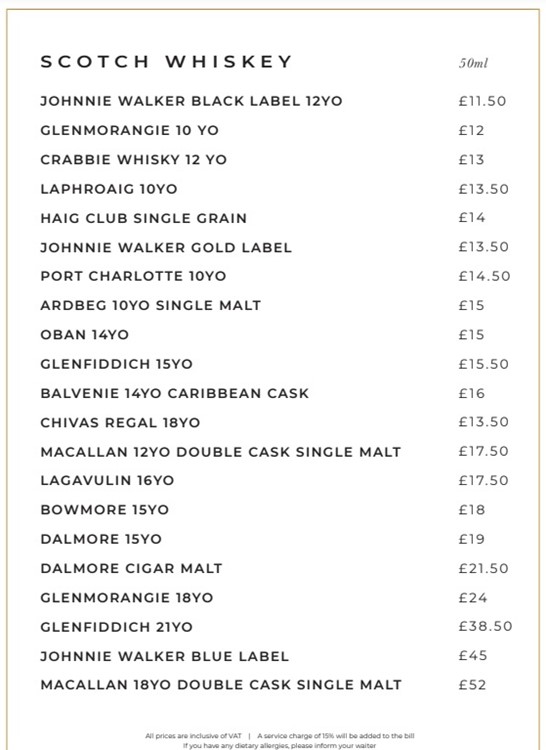 The Windmill Soho club London whisky pricing alcohol beverages menu