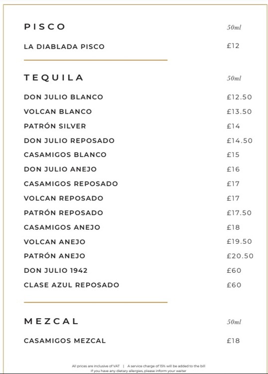 The Windmill Soho club London bottle menu tequila alcohol drinks