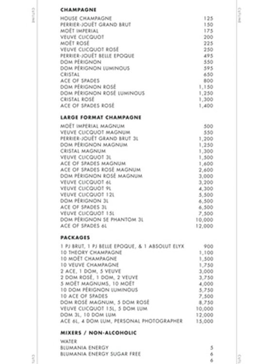 Theory club Dallas bubbles champagne package price magnum bottles service menu