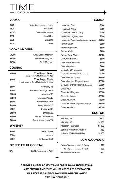 Time nightclub LA bottle menu vodka rum tequila cognac whiskey scotch beverages prices bottle service