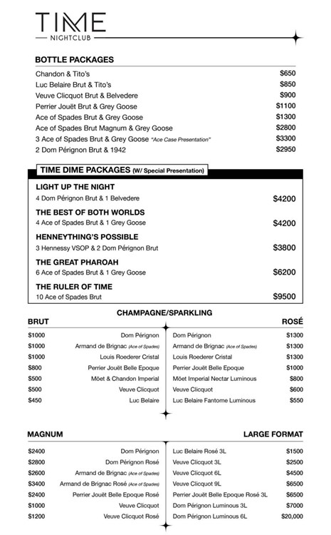 Time nightclub Los Angeles bottle menu packages champagne bubbles pricing sizes book your vip table now