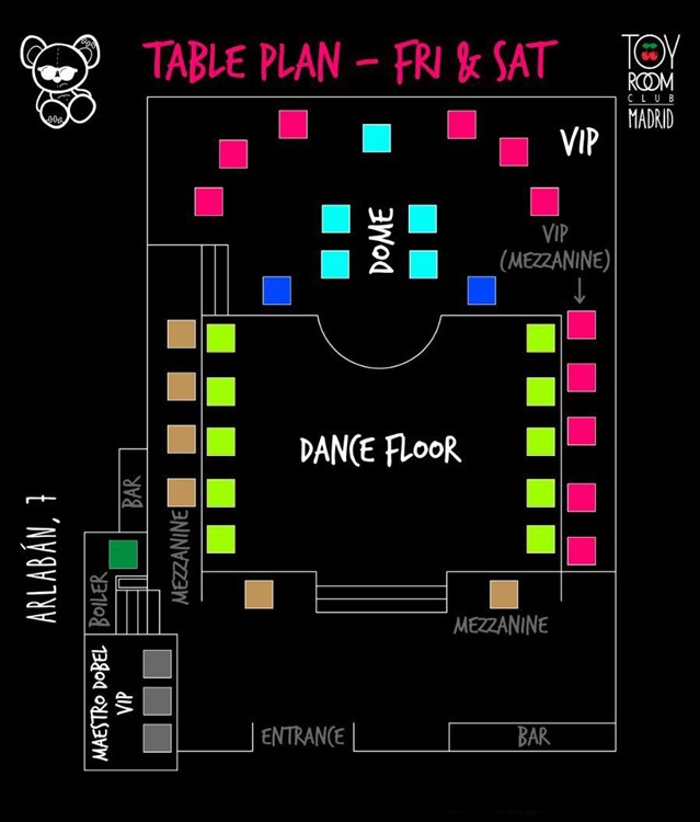 Toy Room nightclub in Madrid table map seating chart vip premium dance floor bar