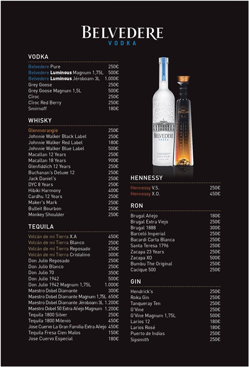 Toy Room nightclub Madrid bottle menu alcohol types vodka rum gin tequila whisky
