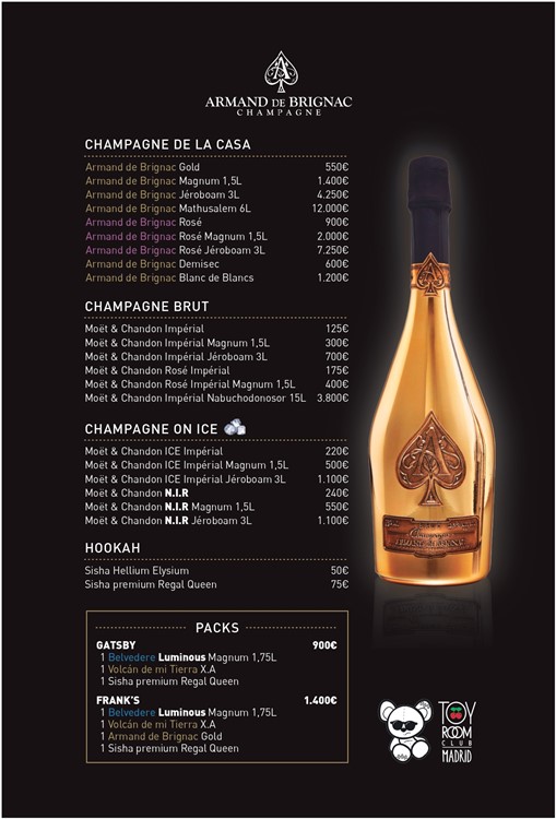 Toy Room nightclub Madrid champagne bubbles bottles menu pricing 