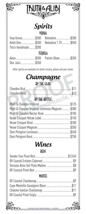 Truth and Alibi Dallas club nightclub menu bottles champagne bubbles vodka rum gin alcohol whisky bourbon pricing book