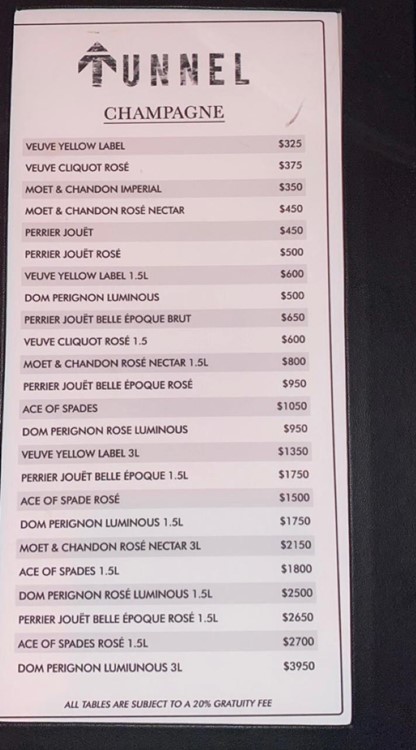 Tunnel club Chicago bottle menu champagne bubbles whisky gin rum
