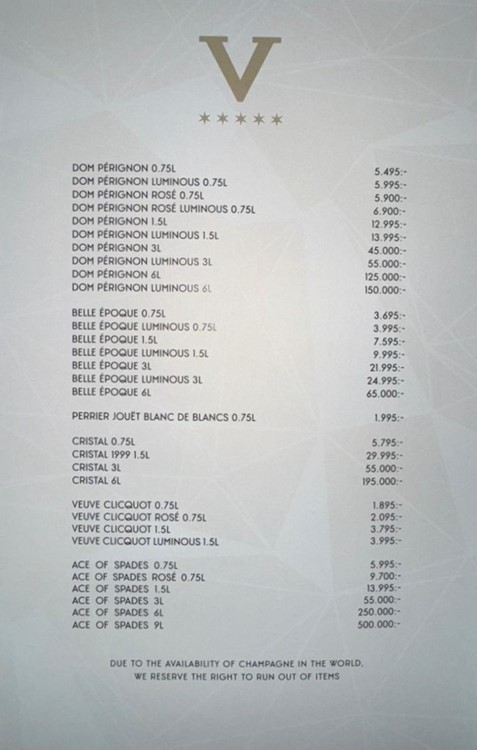 V Wall nightclub in Stockholm bottle menu champagne bubbles pricing