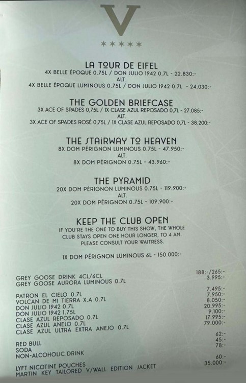V Wall nightclub in Stockholm bottle menu packages vodka rum gin 